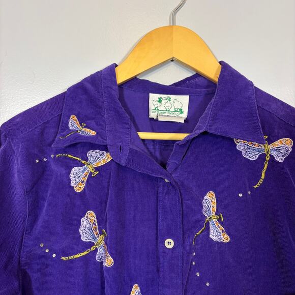 Whimsical Dragonfly Embroidered Button Down Purple Cotton Shirt | Bright Winter - Picture 9 of 9